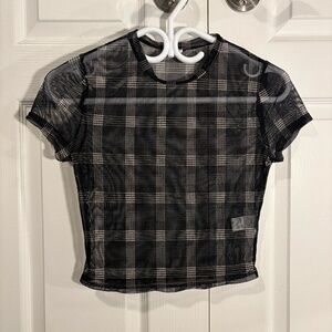 Garage Black & Beige Plaid Mesh Top
